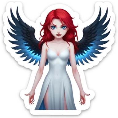 extremely diabolical girl with giant towering wings, blood red hair, glowing blue eyes, black hellfire aura, no horns, evil grin sticker