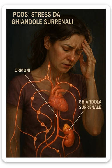 realistic and cinematic illustration of a woman with PCOS, stress originating from adrenal glands, visible hormonal connections, stressed expression, Italian captions, aspect ratio 2:3 sticker