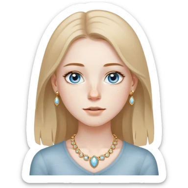 create a girl with pale skin and light freckles on her nose and cheeks. grey blue eyes. light brown straight hair going passed her shoulders. gold simple jewelry.  sticker