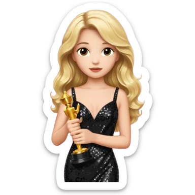 blonde model, brown eyes, long wavy hair, oscars red carpet, black sequin, holding oscar sticker