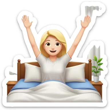 person waking up in bed, stretching with sunlight coming through the window, cheerful and fresh sticker