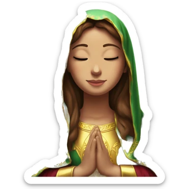 Virgin Mary: kind face looking down at the left, long brown hair, Wearing an emerald green  robe with gold stars and a burgundy red dress,  Hands in prayer or blessing. Halo around her head. standing in front of a big sun. colorful roses on the sides  sticker