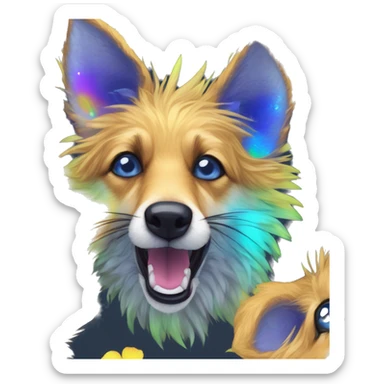  brindle fluffy lurcher Alsatian fox running blue eyes fluffy ears and iridescent holographic oilslick harness wearing paper iridescent tropical flower crown yellow caution tape neon sign sticker