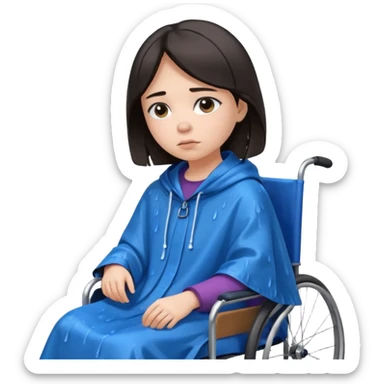Girl with dark hair  in a wheelchair with rain poncho sad  sticker
