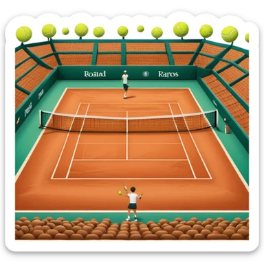 A tennis court at the Roland Garros tournament, with the iconic clay surface and a tennis ball bouncing near the net. The scene evokes the energy and excitement of the grand event, with vibrant crowds in the stands and a competitive atmosphere. sticker