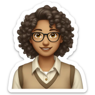smiling indian teenage girl with curly hair and glasses wearing a collared long sleeve white shirt under a beige v shaped collar sweatervest sticker