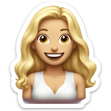 Chica rubia y de piel blanca con extensiones de pestañas y labios rojos sonriendo con boca cerrada sticker