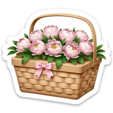 White Picnic basket with light pink bow and white peonies inside sticker