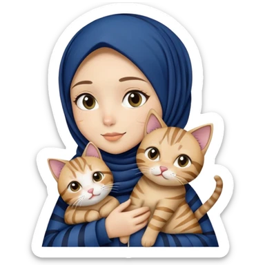 White hijab girl wearing dark blue hijab holding stripes tabby cat sticker