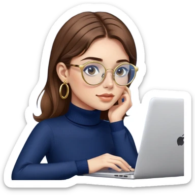 Girl with brown hair, navy blue turtleneck, gold hoop earrings, blue light glasses, working on laptop sticker