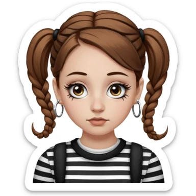 a white girl with brown hair in very low pigtails black eyeliner big false eyelashes with a septum piercing nose piercing big hoop earings dermals close to the eyes one on each side wearing a black and white striped long sleeve shirt sticker