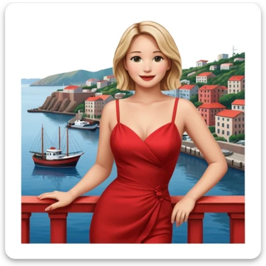 jennifer lawrence, red dress leaning on a balcony with a harbor and cityscape in the background, smiling sticker