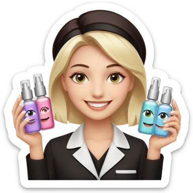 A smiling beautician with cold fake smile, calculating eyes, pointing at your cheek while holding 5 expensive serum bottle. predatory vibe.A face with a fake sweet smile, but the face is slowly consumed by shadows creeping from below. calculating eyes are visible in the dark sticker