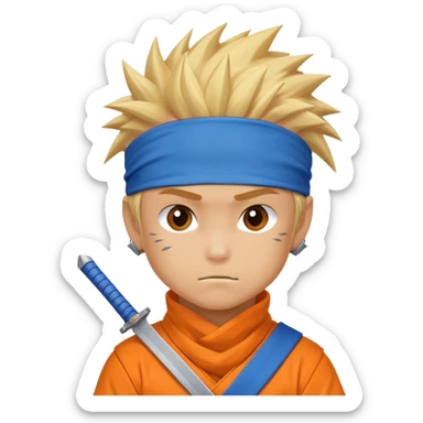 A blonde ninja boy with spiky hair, whisker marks on cheeks, orange outfit, and blue headband with metal plate sticker
