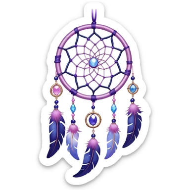Iridescent shiny transparent pastel purple-pink-indigo-violet crescent-moon-Dreamcatcher hanging from a thread, with gemstones, and beads sticker