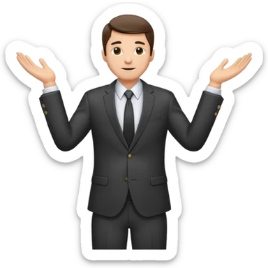 Sticker of a man in a business suit, front view, both arms extended in front of his body at waist level, below chest, hands low near the stomach, elbows slightly bent, palms facing inward as if holding an invisible box, not raised, not upward sticker
