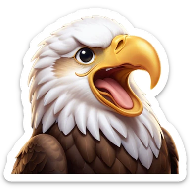 Cinematic Cute Yawning American Eagle Portrait Emoji, Head tilted slightly with a dramatic, wide-open yawn, showcasing a stately form with gently drooping feathers and sleepy, half-closed eyes, Simplified yet irresistibly adorable features, highly detailed, glowing with a soft, cozy majestic glow, high shine, relaxed yet expressive, stylized with a dash of whimsical aerial charm, soft glowing outline, capturing the essence of a drowsy yet affectionate American eagle that appears ready to stretch out for a nap! sticker