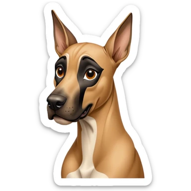 Cinematic Comical Fawn Great Dane Portrait Emoji, Head tilted dramatically with an exaggeratedly amused expression, featuring a sleek fawn coat with a subtle dark mask, wide, expressive amber eyes filled with playful disbelief, Simplified yet hilariously expressive features, highly detailed, glowing with a slightly sassy glow, high shine, dramatic yet playful, stylized with an air of cheeky mischief, bright and endearing, soft glowing outline, capturing the essence of a spirited and over-the-top guardian, so meme-worthy it feels like it could side-eye its way into internet fame instantly! sticker