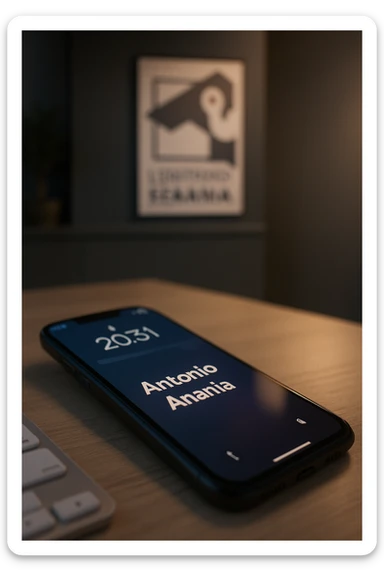 A photo of an iPhone with the message "Antonio Anania" on its scree, both surrounded by soft light and shadow. The phone sits atop a desk with a blurred background that suggests work environment. A faint glow from above casts gentle shadows across the surface of each object, creating depth and highlighting their textures. sticker