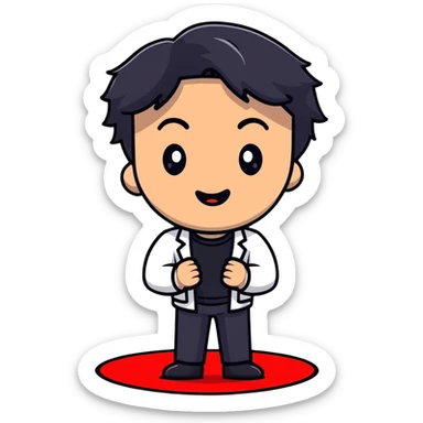 Management educator with black wavy hair, stubble, strong features, white skin, smart casual attire, presenting a powerful TED talk about business innovation, animated speaking pose on iconic red circle stage, innovation-themed visuals sticker