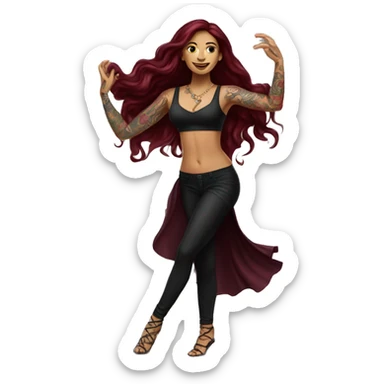 Beautiful tattooed burgundy long haired woman dancing sticker