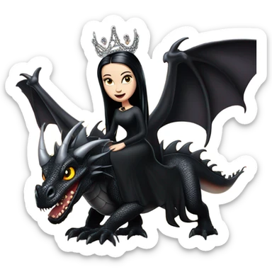 Lavish Victorian evening gown, young Morticia Addams Jedi wearing a mini tiara, riding on the back of a very large black shiny evil-looking fire-spewing horned dragon sticker