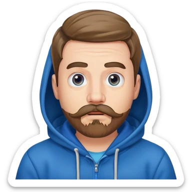 Mr. Beast wearing a blue hoodie, mustache and beard, surprised expression sticker