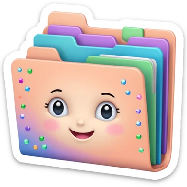 small cute folder icon in soft pastel colors light yellow or peach, slightly open at the top, colorful divider tabs inside peeking out blue green pink purple, white label area on front with word Titles in playful handwriting, small sparkles or stars around folder, emoji style, folder is more rounded sticker