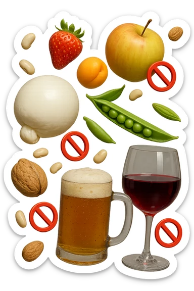 mozzarella, frutta legumi, frutta secca, birra e vino realistici fluttuano in aria con piccoli divieti 3d, IPERREALISTICO 4K sticker