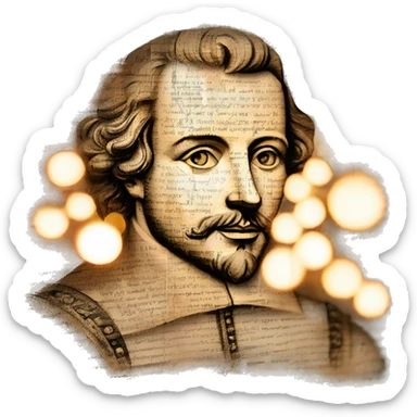 Glowing Shakespeare made of newspaper and bokeh fairy lights lanterns stained glass, fairy lights, bokeh, annotated sketch, handwritten letters, collage of intricate patterns, lantern, bokeh sticker