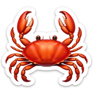 Cinematic Realistic Cute Crab Portrait Emoji, Head tilted playfully and inquisitively, featuring a compact, sturdy form with a glossy red shell uniquely forming an endearing face with bright, sparkling eyes, rendered with intricate natural textures and subtle coastal hues, high shine, affectionate and spirited, styled with a touch of seaside whimsy, soft glowing outline, capturing the essence of a mischievous yet lovable crab that seems ready to pinch playfully out of the screen into your arms! sticker