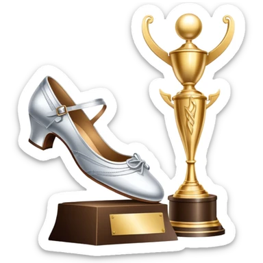 Icon for Ballroom Dancing: a pair of ballroom shoes, a dance floor with lighting, and a decorative dance trophy. The icon should represent the elegance and rhythm of ballroom dance through its key symbols. Transparent background. sticker