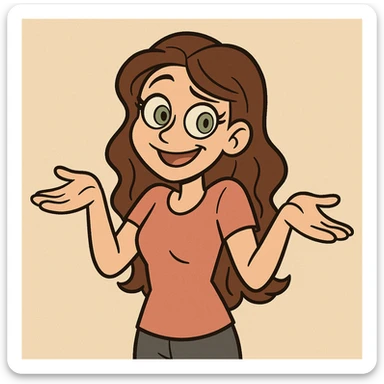 cartoon girl with long brown wavy hair, green eyes, shrugging, playful expression, upper body, simple background sticker