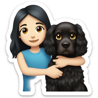 Black hair brown eye girl and blue eye blond hair boy cuddling a black cocker spaniel sticker