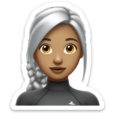 A hot and beautiful cartoon girl with silver hair with straight bangs tied up with a pretty ponytail wearing a silver long sleeved sleeves wetsuit sticker