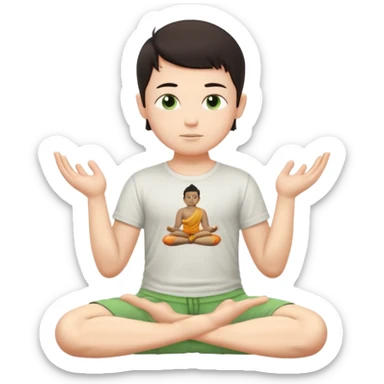 Menino branco de cabelo escuro, camiseta e bermuda verde claro sentado em pose de Buda com as mãos em forma de Mudra sticker