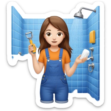 beautiful girl with long brown hair constructing new bathroom area with new shower and amenities  sticker