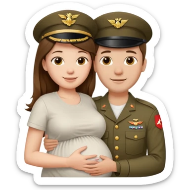 
"Pregnant woman with long brown hair and fair skin wearing a t shirt white and man with short brown hair and fair skin (without a mustache), wearing a brown military uniform, hugging and smiling."
 sticker
