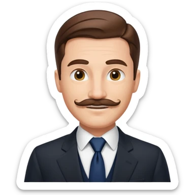 Caucasian gentleman emoji, slicked back brown hair, black suit, navy tie, smiling, mustache sticker