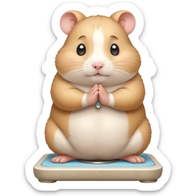 Cute chubby cartoon-style hamster standing on a bathroom scale, looking nervous with praying hands. Painterly shading, expressive eyes, white background, sticker-style illustration sticker