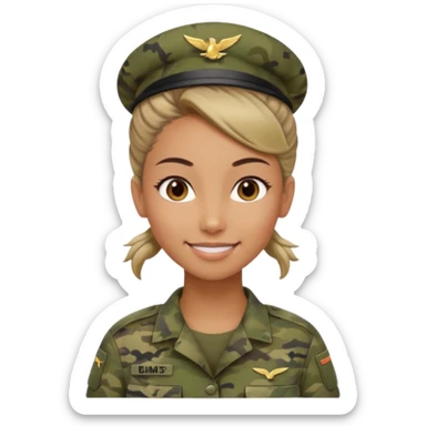 Apple-style emoji: female soldier, bust, no cap/helmet, friendly smile, generic camo top, hair in bun, soft gradients sticker