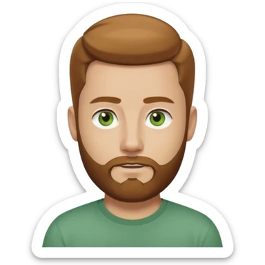 A young man with short light chestnut hair slicked back, a medium-length thick beard, and light green eyes. Fair skin, oval face, neutral expression. Wearing a dark t-shirt, plain light (white or gray) background. Shoulder-up front portrait. sticker