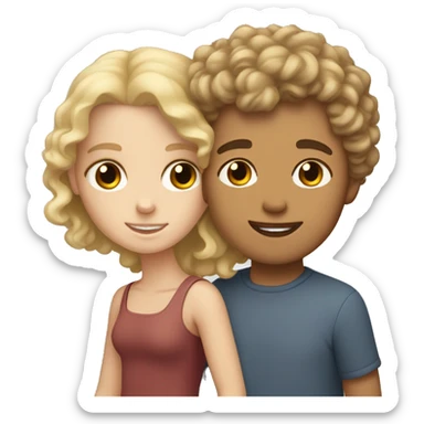White boy with short curly blonde hair holding a mixed girl with brown curly hair hand sticker