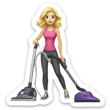 Blonde Caucasian woman vacuuming while wearing athletic wear sticker