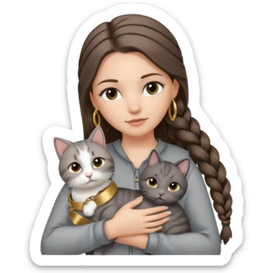 a white girl with long brunette hair in one braid that is over her shoulder. shes holding a grey cat. the girl has long lashes and has on a grey zip up that is half way zipped  and under a white shirt and gold bracelets. sticker