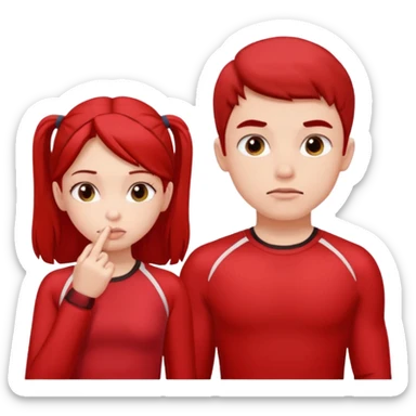 Girl and boy in red gym clothes and thoughtful faces and They have one hand on lip sticker