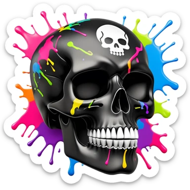 limited edition black skull with luxury haute couture logo patterns, perfectly contained neon paint splatters, museum-quality graffiti art detail, dramatic angle view sticker
