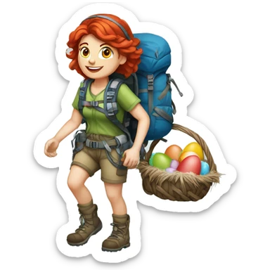 Female mountain climber red hair climbing, Greek flag on backpack and holding Easter eggs basket sticker