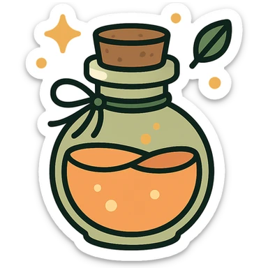 "A cute potion bottle with a whimsical and cozy design, featuring soft and warm colors: golden orange (FA9B41), deep forest green (4A7C5C), muted taupe brown (96775A), and pastel peach (FFCC9A). The bottle is small, round, and slightly vintage in style, with a cork stopper and a delicate ribbon tied around its neck. The potion inside glows faintly with a peachy-orange hue. Surroundings include soft lighting and a magical atmosphere, possibly with sparkles or tiny floating leaves, emphasizing a warm and enchanting mood. The style is charming, storybook-like, and detailed." sticker