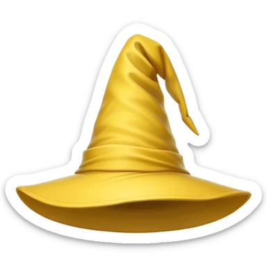 A yellow wizard hat with a classic pointed shape, slightly curved at the tip. The hat has a soft fabric texture with subtle folds, and a wide brim. The design is cartoon-style, with smooth shading, simple details, and a playful, magical look. sticker